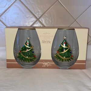 Nib Set Of Two Rhinestone Jeweled  Christmas Tree Stemless Wine Glasses